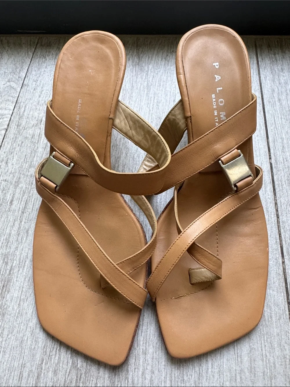 Paloma Tan Leather Crisscross Slide Sandals Made in Italy Vintage 6.5 Heels
